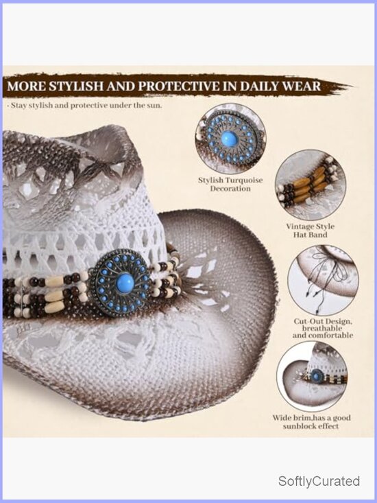 Straw Cowboy Hat with Turquoise Band Wide Brim Summer Western main image 7